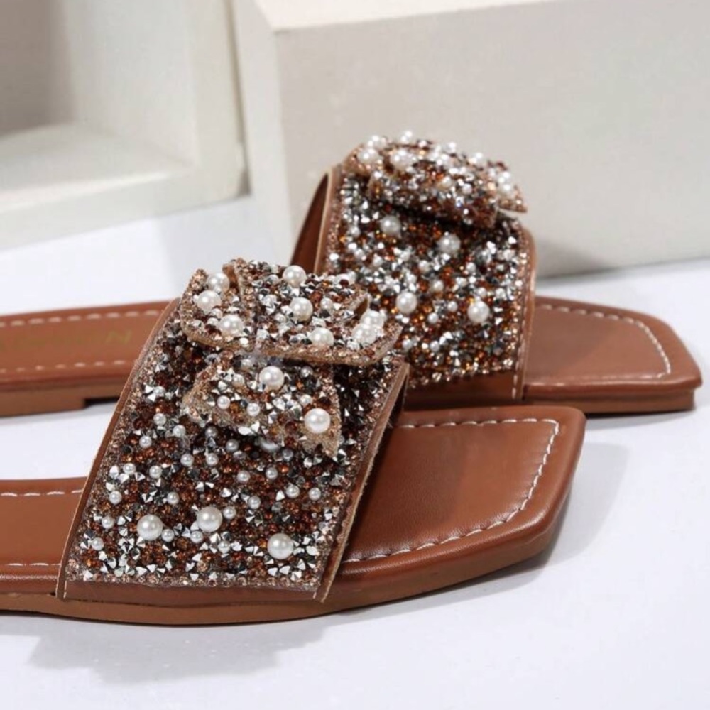 Women brown flip flop sandals rhinestones fashion slide faux pearl elegant - Picture 6 of 12